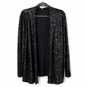 Calvin Klein Black Sequin Leopard Cardigan L Animal Print Open Front Top
